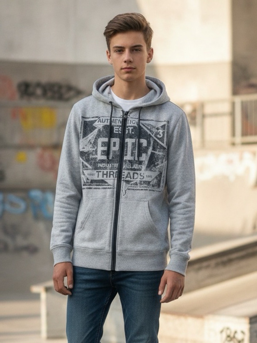 Epic Threads Grey Zip-Up Hoodie Sweatshirt Men's Size Medium Graphic Logo Casual
